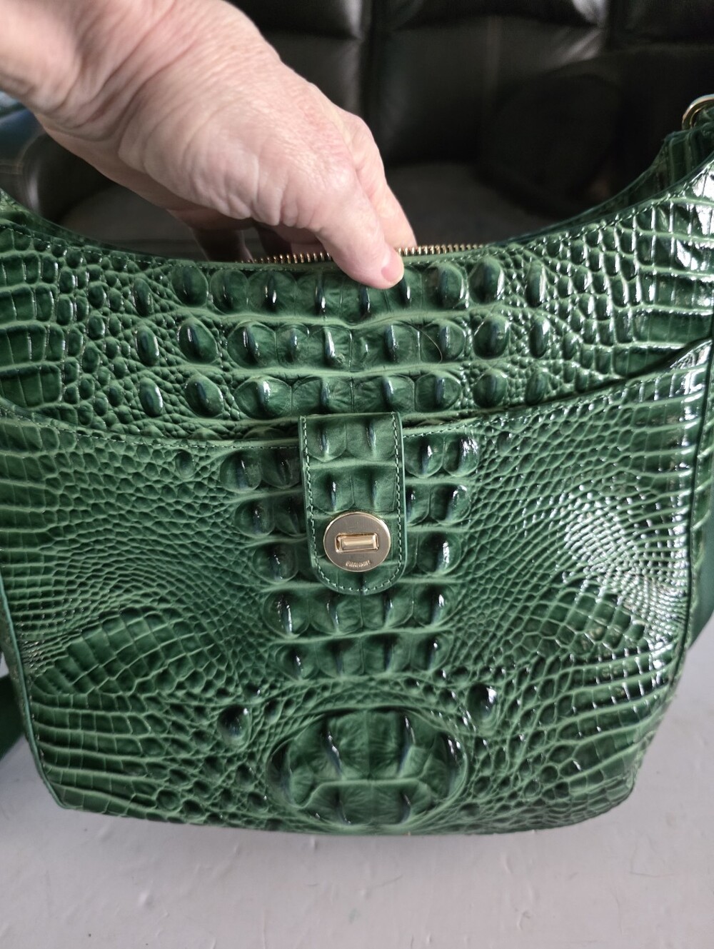 New Brahmin Leia Green Croc-Embossed Leather Crossbody